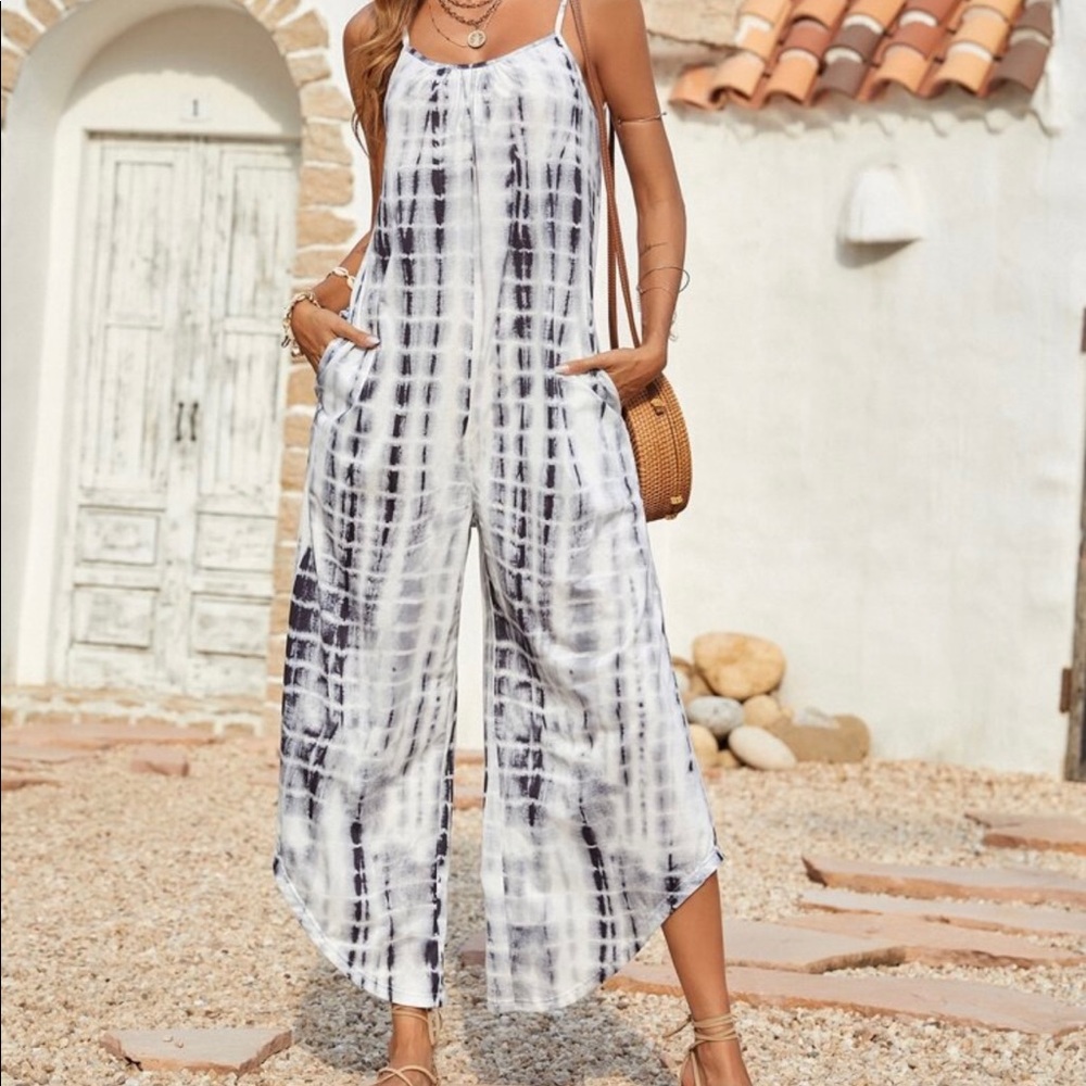 Boho Tie Dye Wide Leg Pants Pocket Jumpsuit - Picture 3 of 12